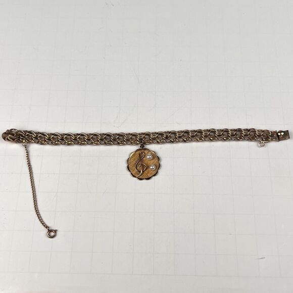 Vtg Kaco Signed 20g,12K Gold GF Bracelet Band Sweetheart Treble Clef 2 Pearls - Picture 5 of 9